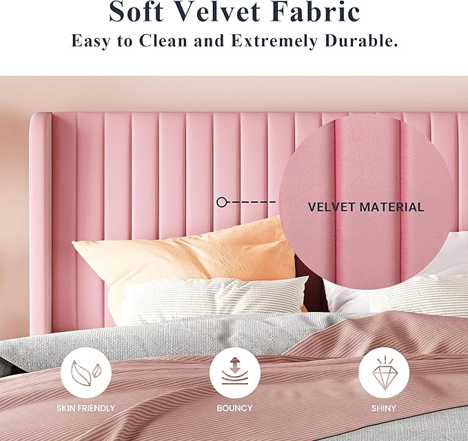 Allewie Full Size Velvet Bed Frame/Vertical Channel Tufted Wingback Headboard/Upholstered Platform Bed/Strong Wooden Slats/No Box Spring Needed/Easy Assembly/Pink