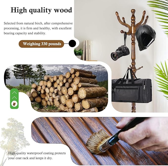 Coat Rack Stand, Solid Wooden Coat Tree with 11 Hooks, Heavy Duty Coat Rack Freestanding with Sturdy Round Base, Natural Birch Wood Coat Hanger Stand for Entryway Bedroom (brown circular)