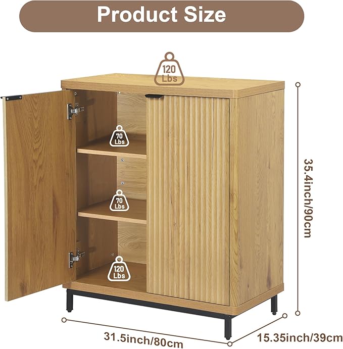 Buffet Cabinet with Storage Accent Sideboard Modern Credenza with 2 Doors & 3 Shelves Fluted Media Console for Living Room Kitchen Dining Room Hallway (Natural Oak)