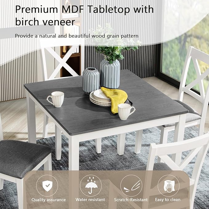 KEIKI 5-Piece Standard Height Dining Table Set with Square Table and 4 X-Shaped Backrest Upholstered Chair, for 4 Person, Modern Wooden Table Set, Easy Assembly, for Kitchen, Dining Room, White+Gray