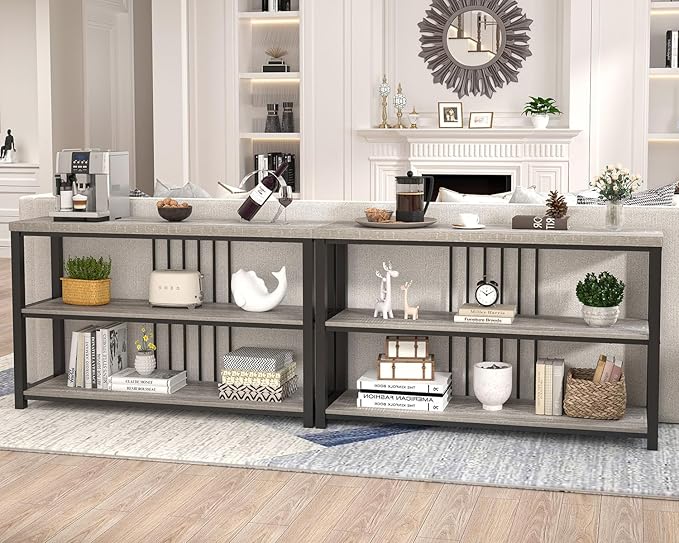 FOLUBAN Console Tables for Entryway, Sofa Table with 3 Tier Storage for Living Room Hallway Foyer Behind Couch, Rustic Light Grey