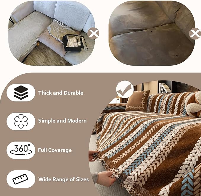 STACYPIK Khaki Jacquard Leaves Sofa Cover, Vintage Couch Cover for Dogs, Washable Pet Protector for 2 Cushion Couch, Non-slip Chenille Sofa Covers for Loveseat, Boho Couch Cover for Sectional-71X118IN