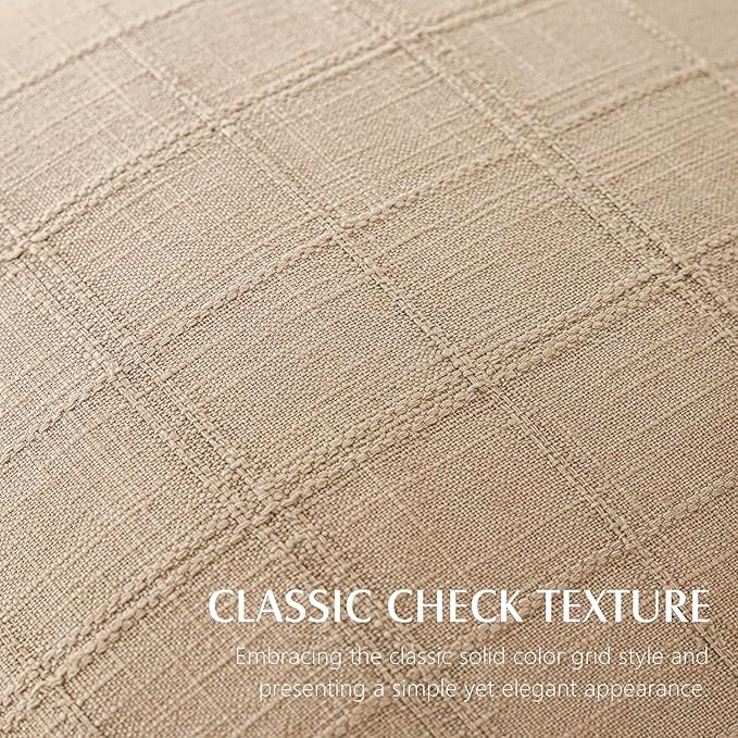 Foindtower Set of 2 Decorative Linen Check Throw Pillow Covers Neutral Farmhouse Vintage Cushion Covers Modern Coastal Boho Home Decor For Sofa Chair Couch Bedroom Living Room Outdoor,18×18 Inch,Camel