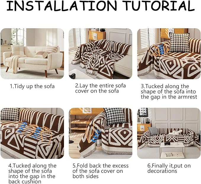 HANDONTIME Chocolate Boho Couch Cover Reversible Sofa Covers for 3 Cushion Washable Couch Sofa Cover for Dogs Dark Couches Covers Chenille Couch Protector Couch Covers for Sofa, 71" X71"