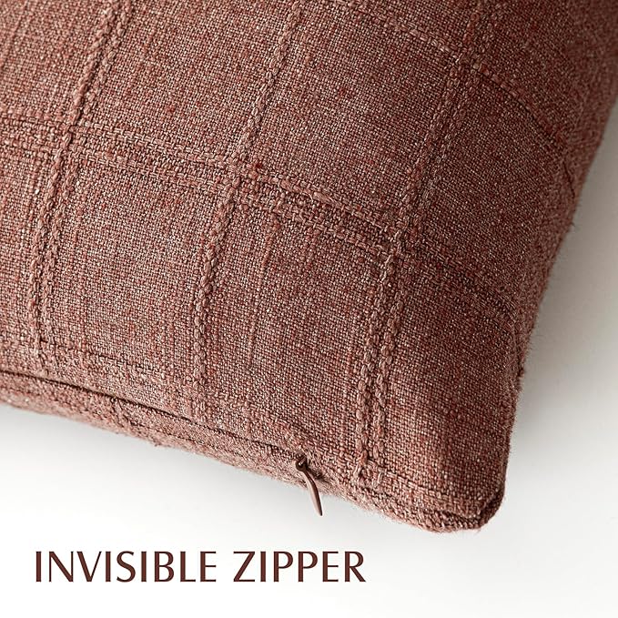Foindtower Set of 2 Decorative Linen Check Throw Pillow Covers Neutral Farmhouse Vintage Cushion Covers Modern Boho Home Decor for Sofa Chair Couch Bedroom Living Room Outdoor,20×20 Inch,Autumnal Red