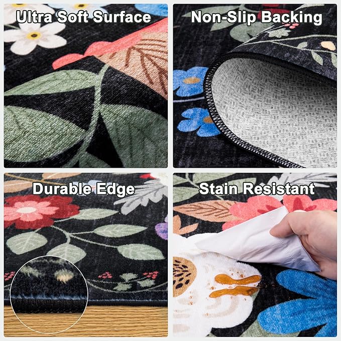 8x10 Area Rugs for Living Room: Washable Rug Vintage Large Soft Boho Floral Non-Slip Carpet Indoor Floor Stain Resistant Thin Carpets for Bedroom Dining Room Farmhouse Nursery Home Office Black