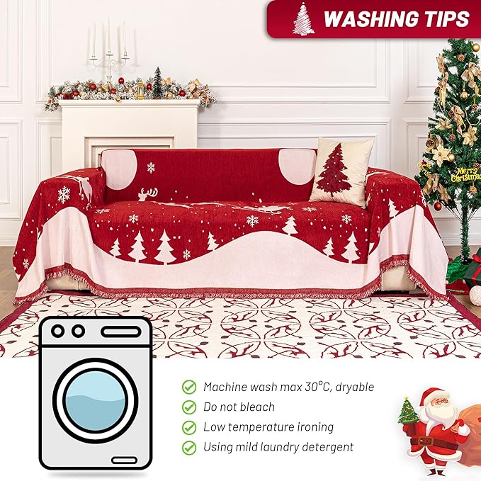 MYSKY HOME Christmas Chenille Sofa Slipcover Couch Covers for Sectional l Shaped Couch Pets Protector Furniture Covers Futon Cover Super Soft Washable Couch Covers for 2 Cushion, 71"x102", Red