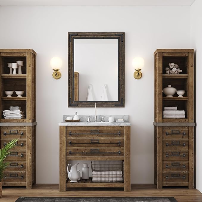YOSHOOT Farmhouse Bathroom Mirror, Rustic Wood Mirror, Wooden Framed Vanity Mirror, Solid Wood & Handmade, Vertical or Horizontal Hanging for Bathroom Entryway Living Room Bedroom, 40" x 30", Brown