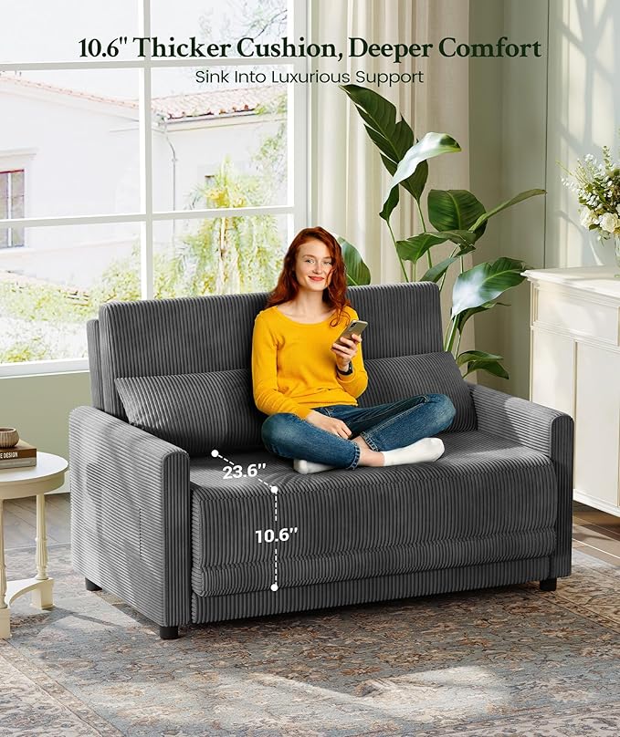 53” Convertible Sofa Bed Couch, Corduroy Couch Bed, 6-Position Loveseat Sleeper Sofa, Love Seat Sleeper Bed 23.6" Extra Deep Seat, Modern Couches for Living Room/Apartment/Home/Office, Grey
