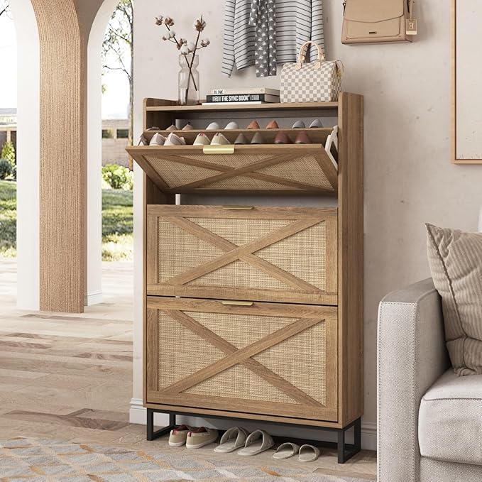 Maupvit Shoe Storage Cabinet with 3 Rattan Flip Drawers, Freestanding Organizer with Metal Legs for Entryway, Narrow Shoe Rack Cabinet, Hidden Golden Handles, Rustic Oak Rattan