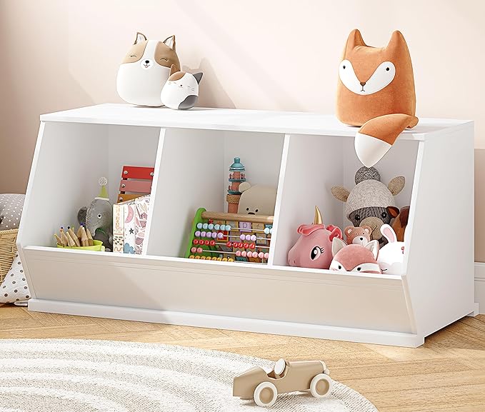 UTEX Stackable Toy Storage Cabinet, Wooden Cubby Organizer, White Shelf for Playroom, Bedroom, Living Room, Nursery, 3 Cubes