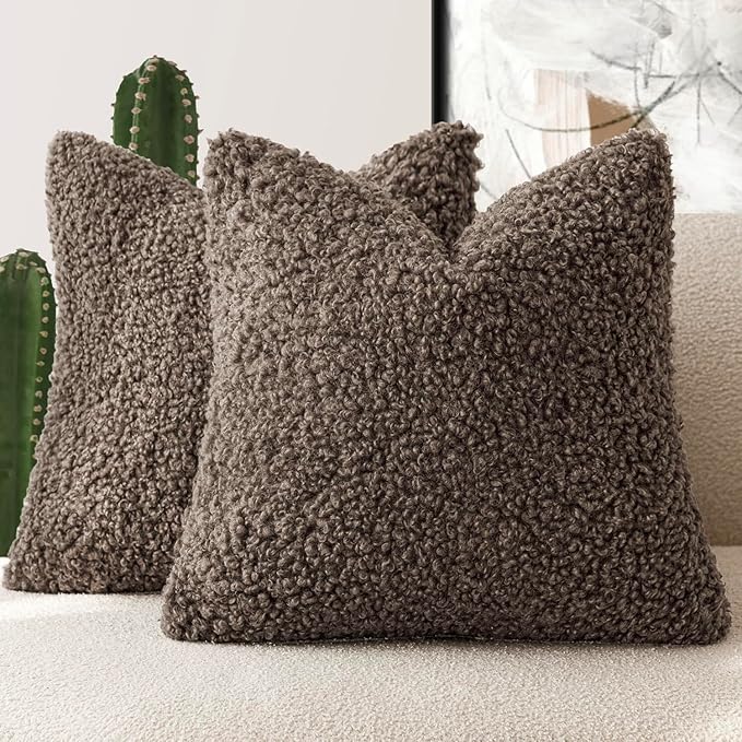 Foindtower 2 Pieces Teddy Faux Fur Throw Pillow Cover Decorative Sherpa Pillow Fuzzy Accent Pillowcases Soft Sheepskin Fleece Cushion Case for Bed Couch Living Room 18x18 Inch Chocolate