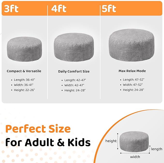 HABUTWAY 5FT Bean Bag Chair, 5' Large Bean Bag Chairs for Adults with Removable Stripe Plush Cover, Memory Foam Beanbag Chair for Living Room Bedroom Dorm (Grey)