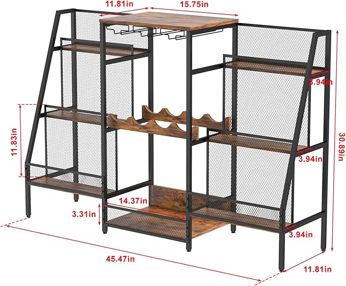 Versatile Bar Stand with Glass Holder, Wine Rack Freestanding Floor, Liquor Cabinet for Liquor Whiskey Wine, 6-Tier Stepped Bar Cabinet with Fences, Vintage Brown（Patent Pending）