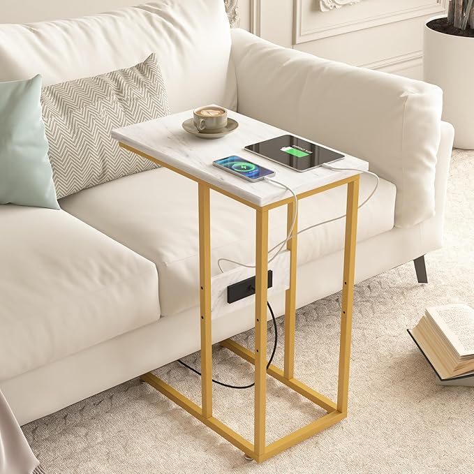 VECELO C Shaped End Side Table with Charging Station & Power Outlets for Couch Sofa/Bed Snack TV Tray with Metal Frame for Living Room Bedroom 1 Set, Gold