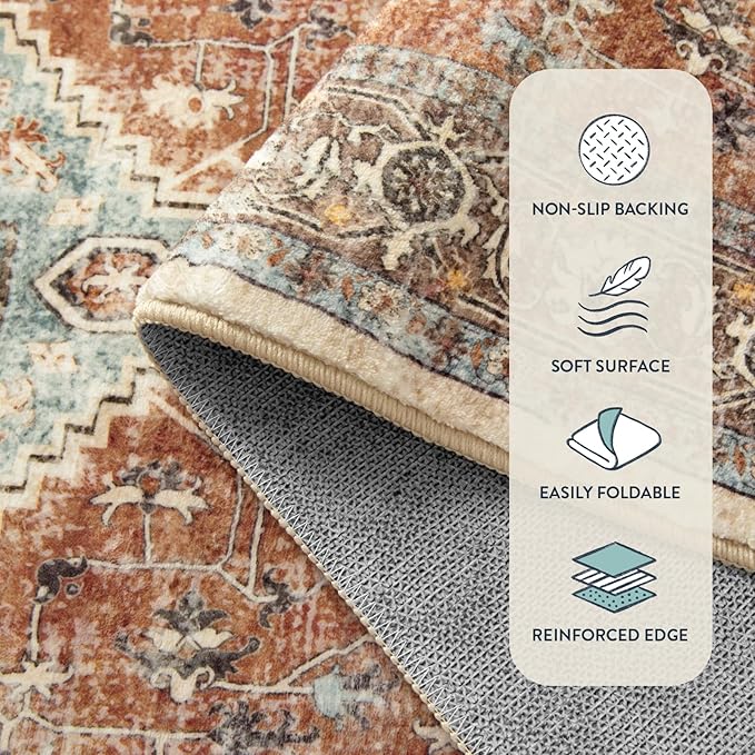 Lahome Oriental Hallway Runner Rug, 2.5x8 Kitchen Runner Non Slip Ultra-Thin, Soft Washable Hallway Rug Non Shedding Long Carpet for Entryway ‎Laundry Room Bathroom, Orange/Multi