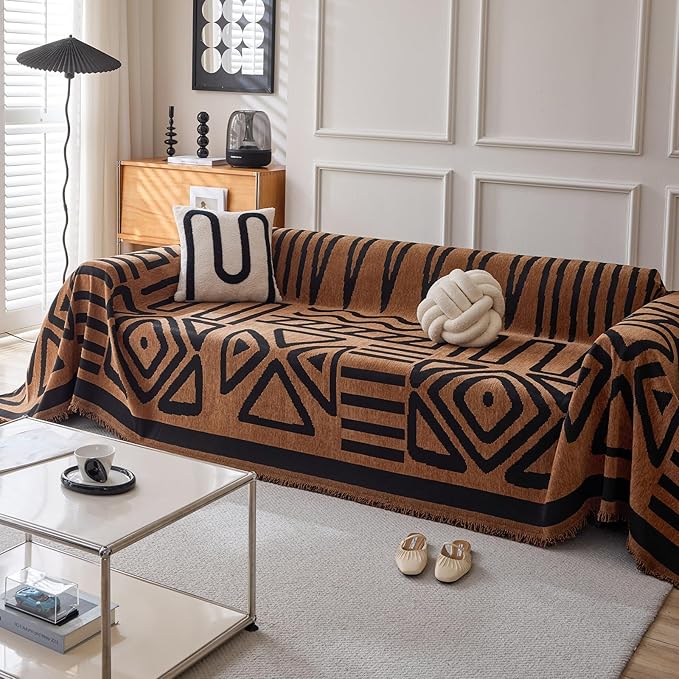 HANDONTIME Boho Geometric Couch Covers for Sofa Pet Friendly Brown and Black Sofa Covers Washable Chenille Couch Blanket Cover for 3 4 Cushion Couches Pet Protector Furniture Cover Soft, 71" X 150"