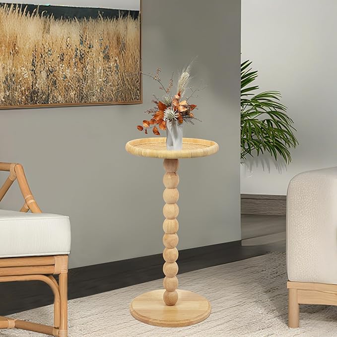 Round Side Table, Solid Wood Small Drink Table for Small Spaces, Boho Rattan End Table for Living Room, Modern Accent Table for Couch, Bedroom, Corners