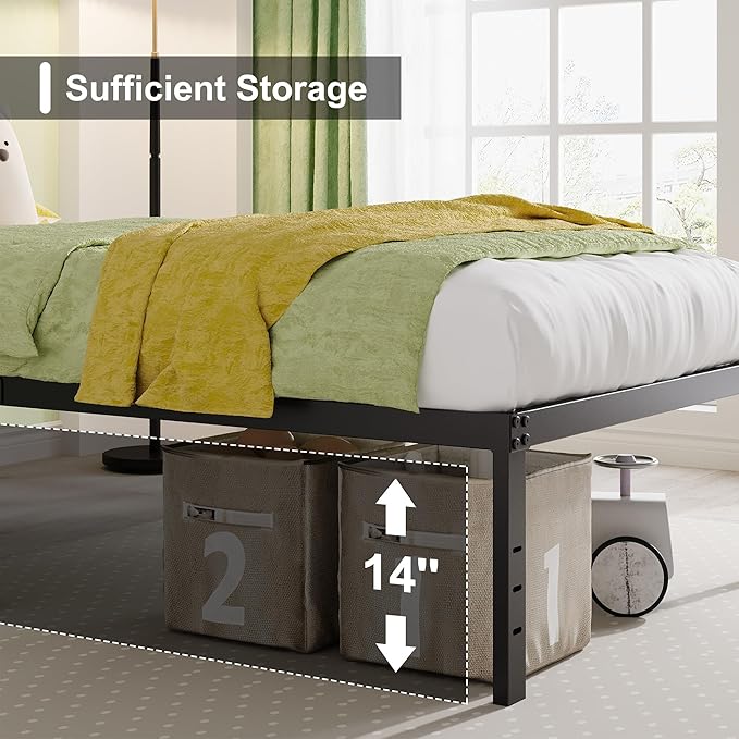 EMODA 16 Inch Bed Frame Queen Size Heavy Duty Metal Platform No Box Spring Needed with Steel Slat Support, Easy Assembly, Black
