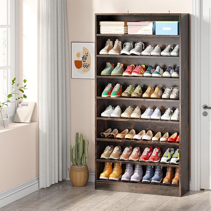 Tribesigns Tall Shoe Cabinet, 9 Tiers 40-45 Pairs Heavy Duty Wood Freestanding Shoe Storage Cabinet, 70.8'' Tall Shoe Cabinet with Open Storage for Entryway (Rustic Brown)
