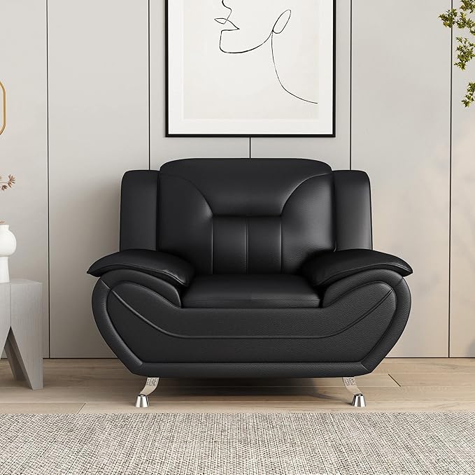 Container Furniture Direct Michael Modern Faux Leather Upholstered Stainless Steel Legs Living Room, Chair, Midnight Black