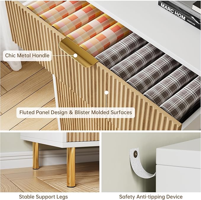 Natural Dresser, Modern 5 Drawer Dresser for Bedroom with Gold Handle and Large Drawer, Wood Double Chest of Drawers and Storage Organizer for Living Room, Hallway, Entryway