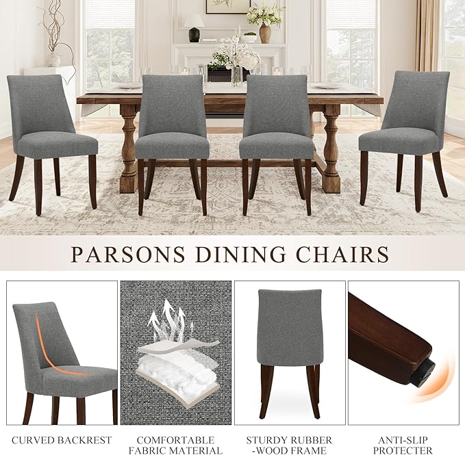 COLAMY Upholstered Dining Chairs Set of 2, Mid Century Modern Kitchen Chairs with Back, Farmhouse Fabric Side Dining Room Chairs with Wood Legs for Dining Room Restaurant, Light Grey