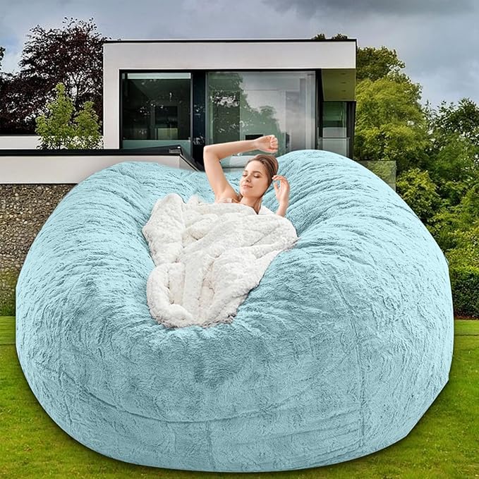 Bean Bag Chairs for Kids Comfy Fluffy Big Joe Bean Bag Chair Cover Without Filler Round Sofa Chairs for Bedroom Living Room Decor, 5FT, Light Blue