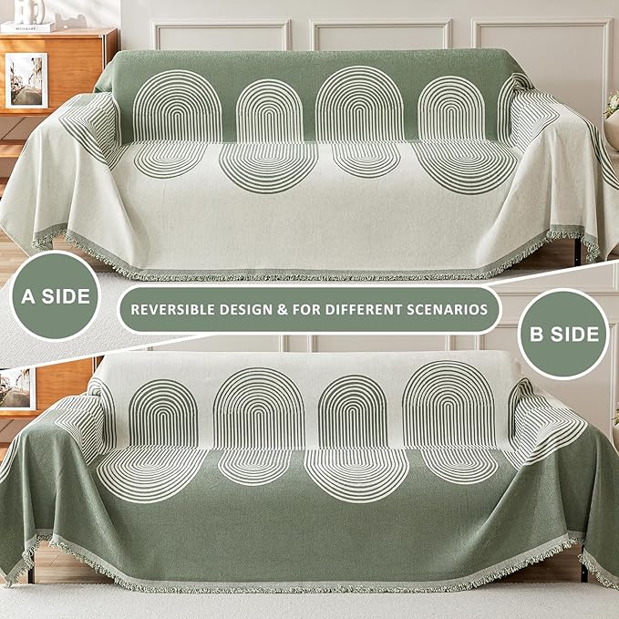 STACYPIK Green Geometric Couch Cover Boho Sofa Cover for Sectional Non-Silp Sofa Covers for Dogs Reversible Beige Couch Cover Loveseat Cover L Shaped Furniture Protector for 3 Cushion Couch-71X134IN