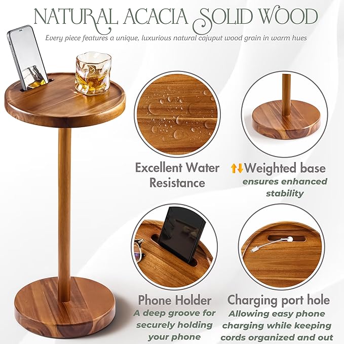 Drink Table, 24.4" Tall Compact Side Table with Phone Slot and Weighted Base, Durable Pedestal Table Accent for Living Room (Flat, Acacia)
