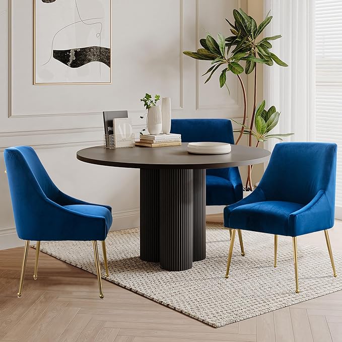 Modern Velvet Dining Chairs Set of 6, Contemporary Upholstered Furniture Collection with Polished Gold Metal Legs, Elegant Accent Chairs for Kitchen Living Room(Blue)