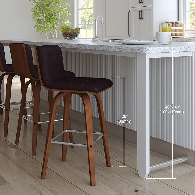Armen Living Vienna 26" Swivel Counter Stool in Walnut Wood Finish with Brown Faux Leather - Set of 4