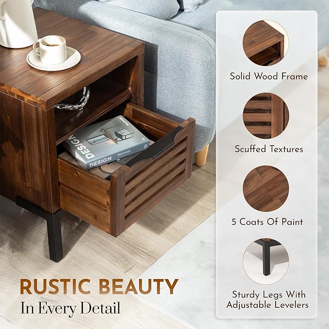 Bme Millie Solid Acacia Wood Rustic Nightstand with Drawers & Open Shelf, Pre-Assembled Industrial Modern Side Table for Living Room, Bedroom