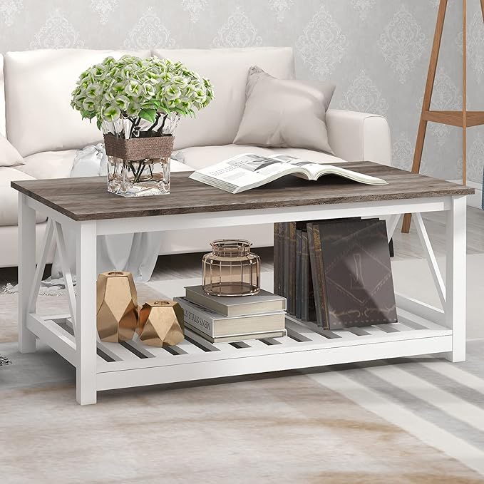 Farmhouse Coffee Table, White Oak Coffee Table for Living Room, 2-Tier Rectangular Wooden Centre Cocktail Table with Slats Shelf Storage and V-Shaped Frame Modern Coffee Oak Grey