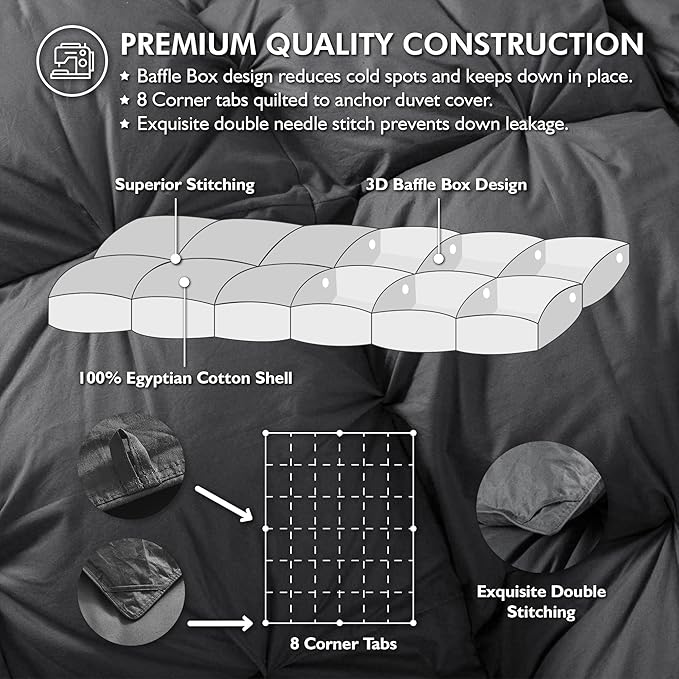 Luxurious Goose Down Feather Fiber Comforter Oversize California King Size Duvet Insert, Pinch Pleat Ruffled Twisted Flower, 108 x 98 inches, 100% Egyptian Cotton Cover, 80 oz. Fill Weight, Gray