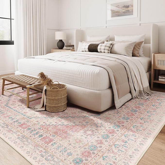 zesthome 8x10 Area Rugs for Girls Bedroom, Non-Slip Backing Washable Rugs, Vintage Large Pink Rug, Stain Resistant Nursery Room Rug (Pink/Blue,8'x10')