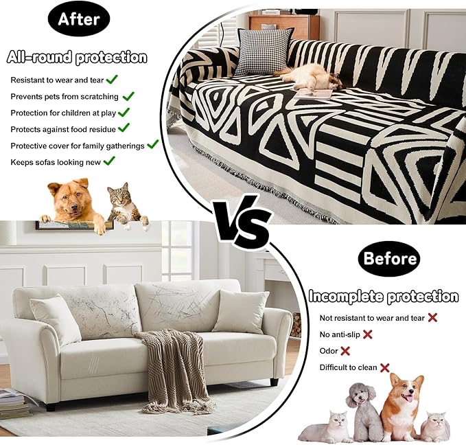 HANDONTIME Boho Sofa Covers for Dogs Black Couch Sofa Covers for 3 Cushion Couch Sofa Beige Chenille Sofa Slipcover Washable Sectional l Shaped Covers Pets Protector Furniture Covers, 91" X118"