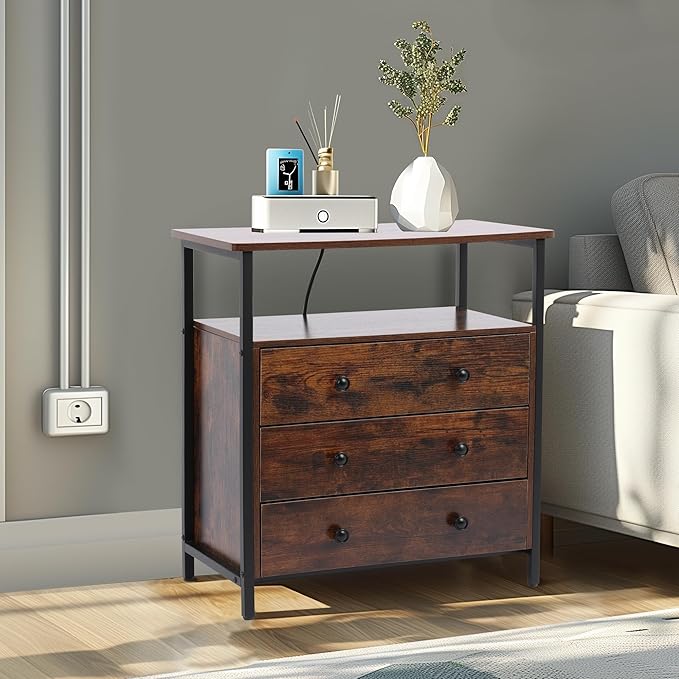 3 Wooden Drawers Nightstand, 27 Inch Wide Night Stand Set 2 with Charging Station and Adjustable Drawers, Bedside Table for Living Room/Bedroom/Office, Retro Brown.