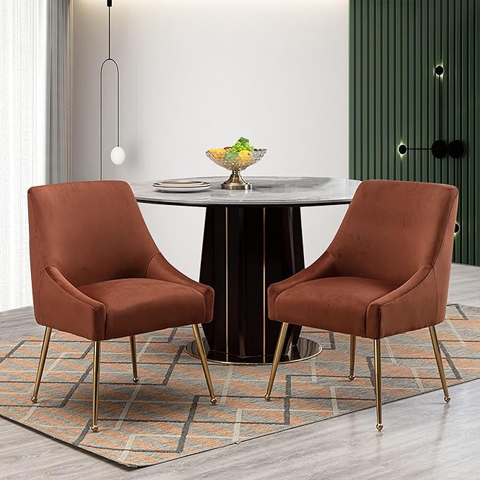 Modern Velvet Dining Chairs Set of 4, Contemporary Upholstered Furniture Collection with Polished Gold Metal Legs, Elegant Accent Chairs for Kitchen Living Room(Brown)
