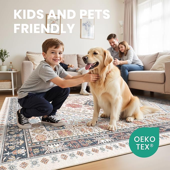 zesthome 8x10 Area Rugs for Living Room,Non-Slip Backing Washable Rugs,Vintage Large Area Rug，Stain Resistant Home Decor Rug (Multi,8'x10')