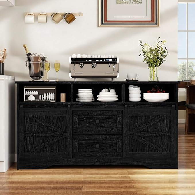 YITAHOME 59" Large Buffet Sideboard Cabinet, Farmhouse Kitchen Cabinet with 2 Sliding Doors & 2 Drawers for Kitchen, Living Room Storage (White)