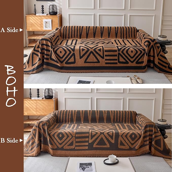 HANDONTIME Boho Geometric Couch Covers for Sofa Pet Friendly Brown and Black Sofa Covers Washable Chenille Couch Blanket Cover for 3 4 Cushion Couches Pet Protector Furniture Cover Soft, 71" X 134"