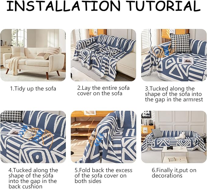 HANDONTIME Boho Chenille Sofa Cover - Denim Blue Geometric Reversible Blanket for L Shaped Couch - Sectional Protector for Dogs, 71" X 134"