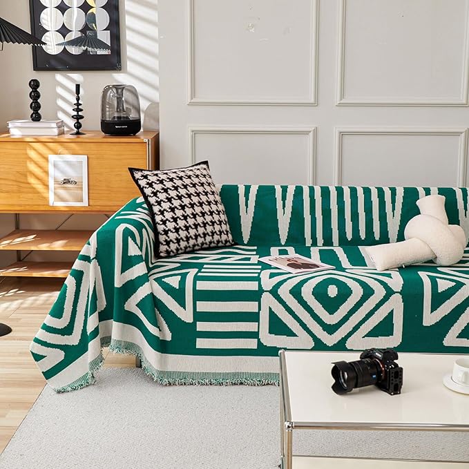HANDONTIME Couch Cover Boho Sofa Covers Washable Forest Green Dog Covers for Couches Reversible Couch Blanket Cover Geometric L Shaped Couch Covers for 2 3 Couch Cushion Cover Dark Green, 71" X150"