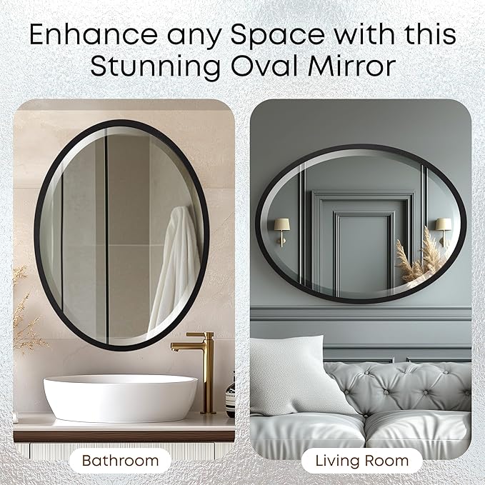 OVALCREST - Oval Wooden Beveled Wall Mirror for Home Decor, Bathroom, Vanity, Bedroom, Living Room, Hallway - London Style (Matte Black) 23.1 x 29.1