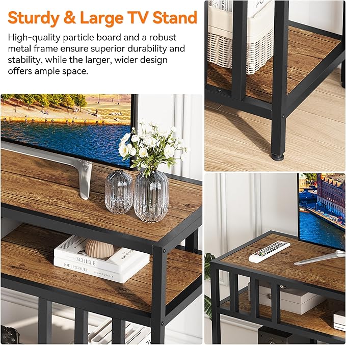Garvee 58" TV Stand for Television up to 65 Inch, Entertainment Center with 3-Tier Open Shelves, TV Media Console Table Quadruple-Tube Support for Living Room, Entryway, Rustic Brown