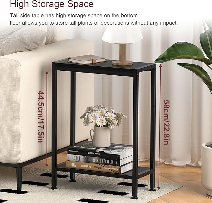 Narrow Side Table for Small Space, 2-Tier Small End Table with Shelf Holder in Living Room, Bedroom, Study, Kitchen and Balcony (Black)
