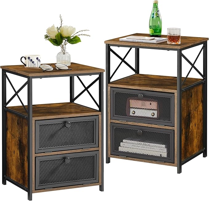 VECELO End Tables Set of 2 with Storage Space,Flip Door Night Stand for Living Room,Bedroom,Small Space,Rustic Brown