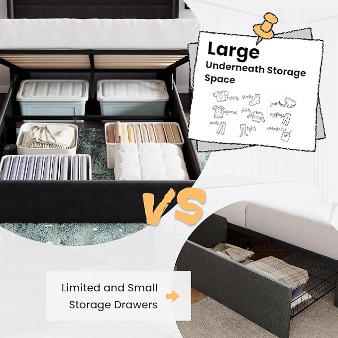 SHA CERLIN Full Size Lift Up Storage Bed/Velvet Upholstered/Modern Wingback Headboard/Upholstered Platform Bed Frame/Hydraulic Storage/No Box Spring Needed/Black