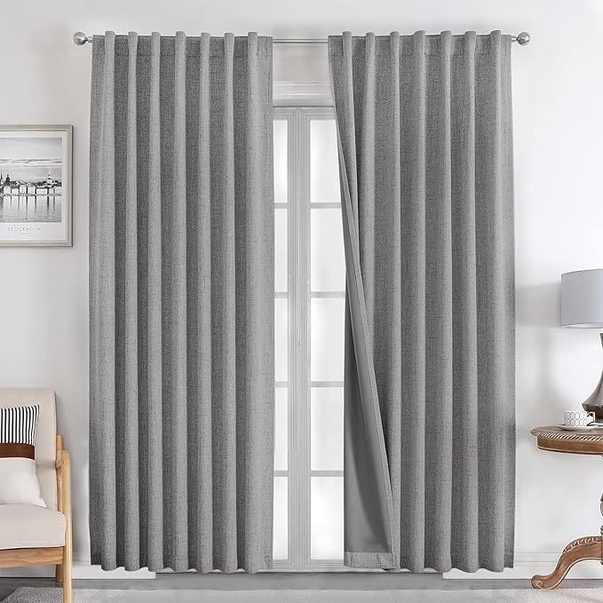 Joydeco Natural Linen Curtains 108 inch Length 2 Panels Set Burg 100% Blackout Patio Door Curtain Room Darkening Sliding Door Curtains Thermal Insulated Back tab Rod Pocket(105x108 inch, Light Grey)